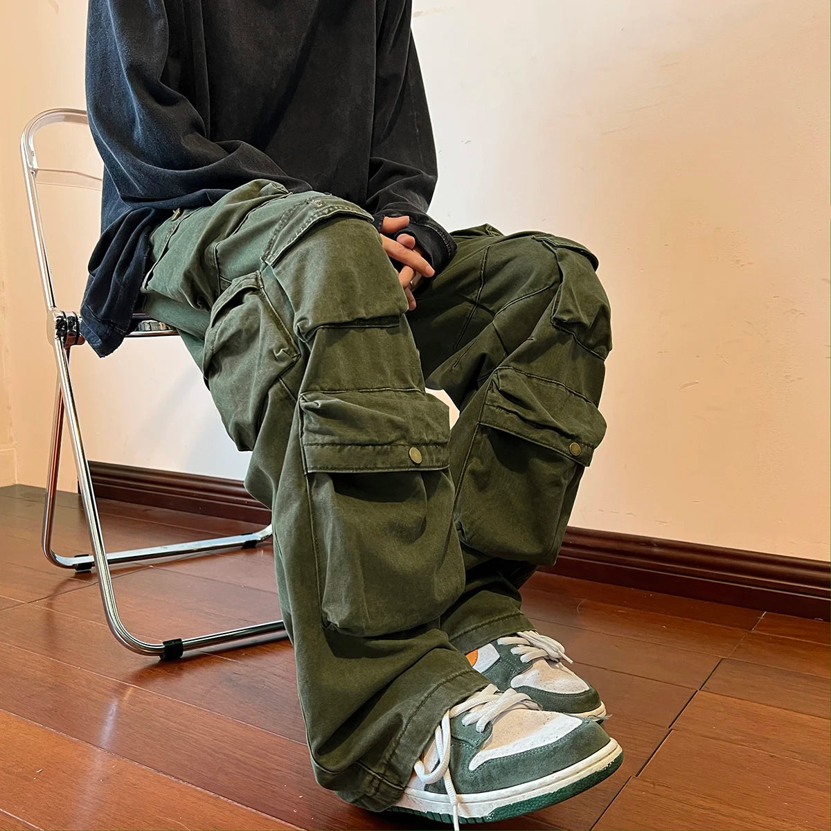 Pantalones Cargo Anchos Vintage de Algodón con Bolsillos Múltiples para Hombre
