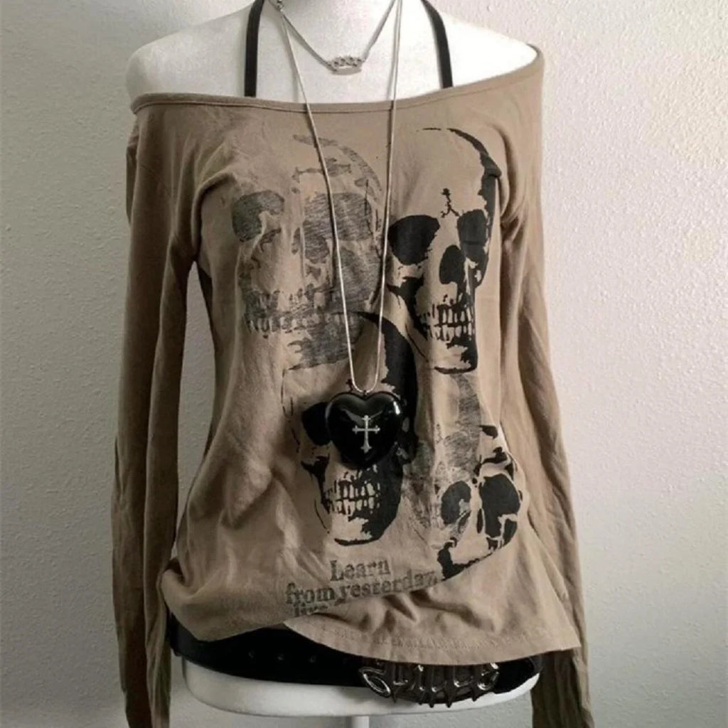 Camiseta Vintage Estampado Calavera Grunge Harajuku Y2k Hombros Descubiertos Punk Mujer