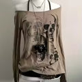 Camiseta Vintage Estampado Calavera Grunge Harajuku Y2k Hombros Descubiertos Punk Mujer
