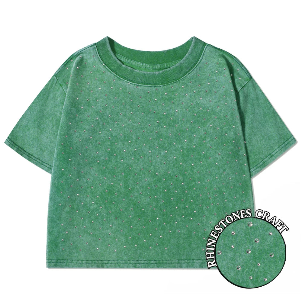 Camiseta Corta Mujer Algodón Lavado Cuello Redondo Manga Corta Y2K Verano