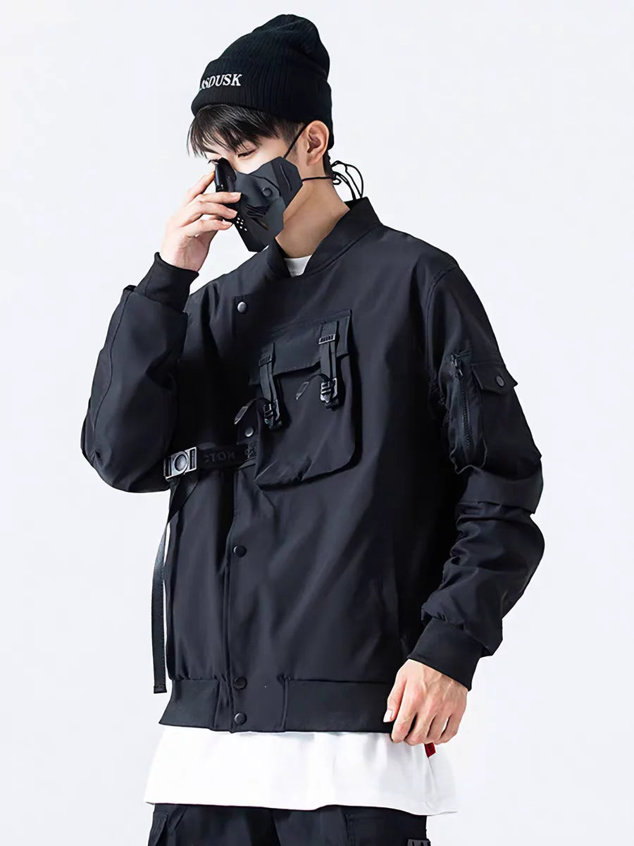 Chaqueta Bomber Gótica Dios de la Muerte Bolsillo Pecho Techwear Punk Hip Hop Táctica Oversize Hombre