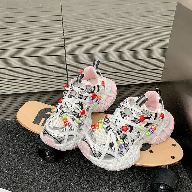 Zapatillas Deportivas Chunky Mujer Malla Transpirable Abalorios Plataforma Cordones Multicolor