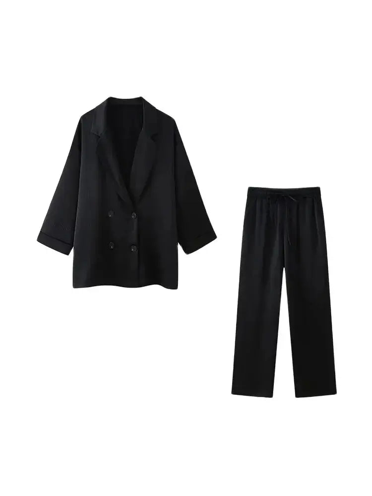 Conjunto de Chaqueta Cruzada Holgada y Pantalón Ancho de Cintura Alta para Mujer