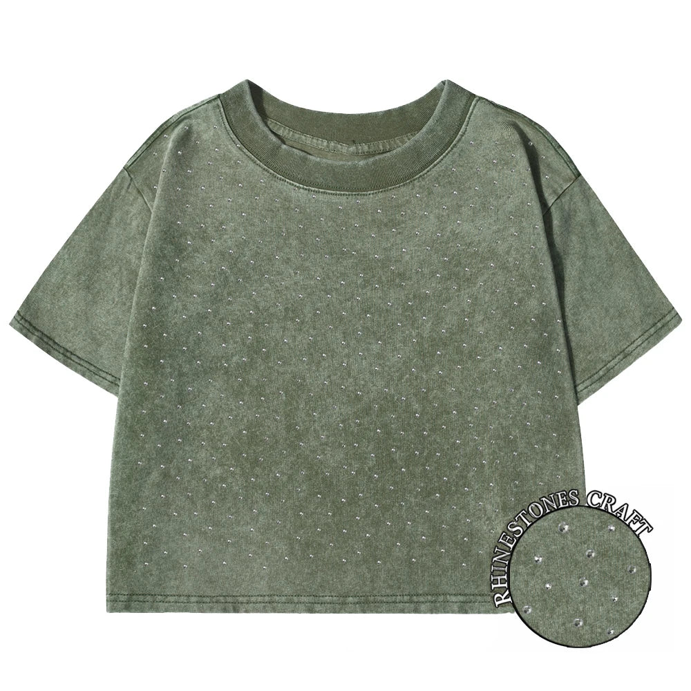 Camiseta Corta Mujer Algodón Lavado Cuello Redondo Manga Corta Y2K Verano