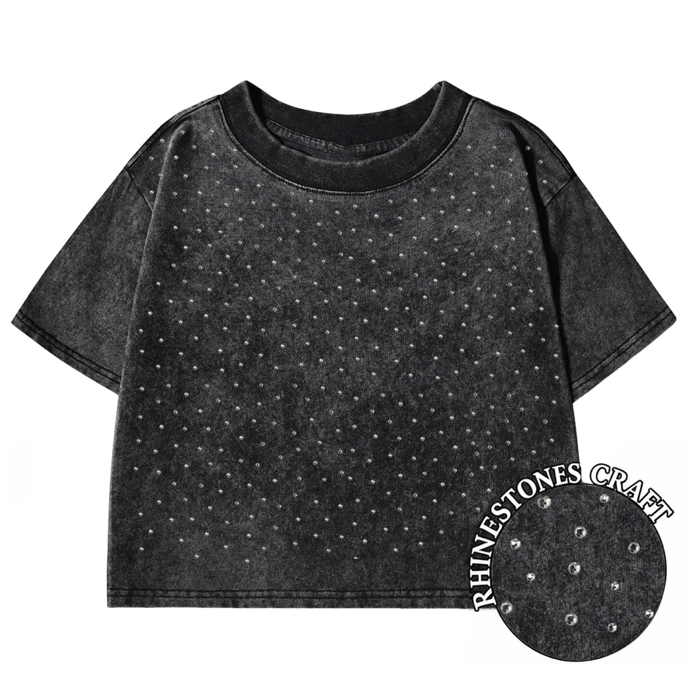 Camiseta Corta Mujer Algodón Lavado Cuello Redondo Manga Corta Y2K Verano