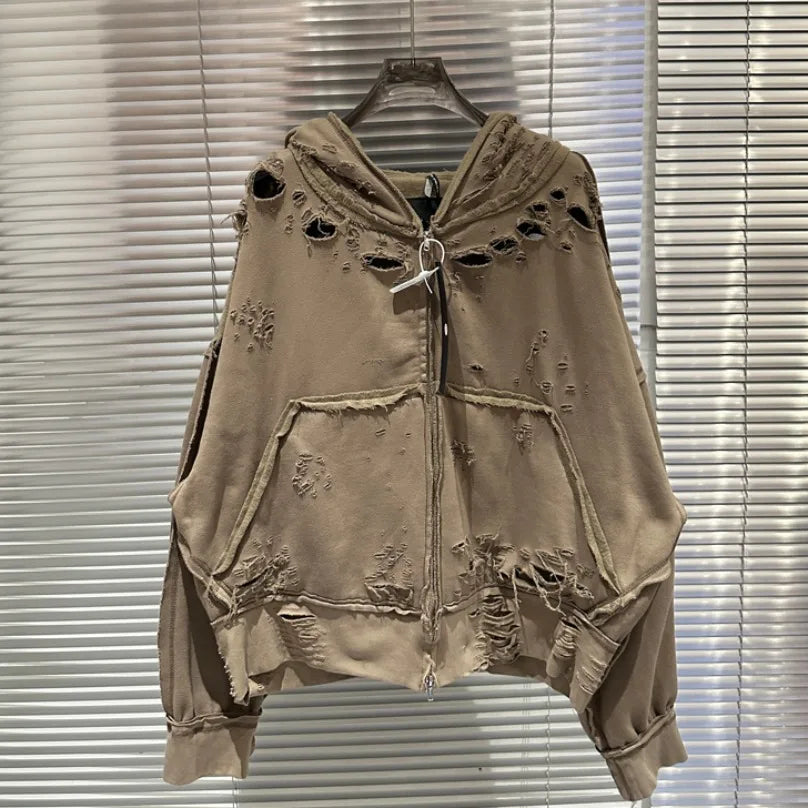 Sudadera con Capucha Holgada Estilo Hip Hop Efecto Desgastado Cremallera Corroída Invierno Unisex