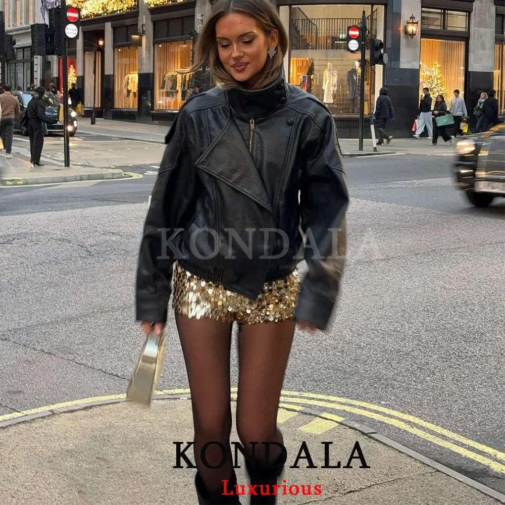 Chaqueta de Cuero Casual Chic Negra Manga Larga Botones Elástica Oversize Mujer