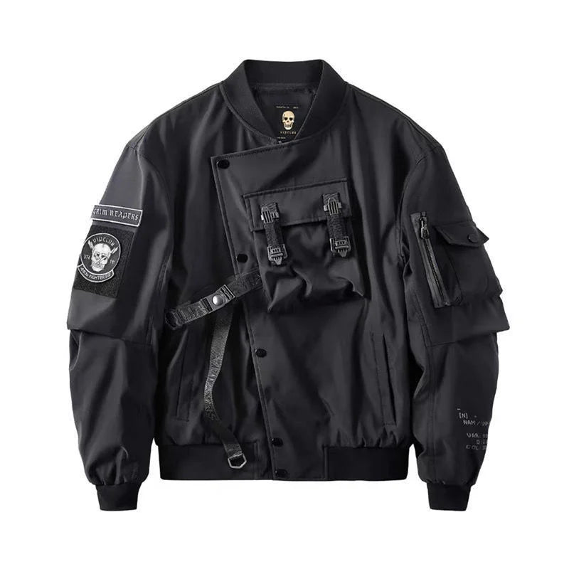 Chaqueta Bomber Gótica Dios de la Muerte Bolsillo Pecho Techwear Punk Hip Hop Táctica Oversize Unisex