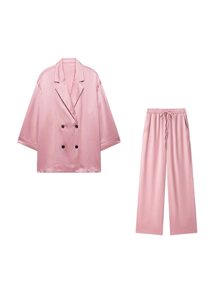 Conjunto de Chaqueta Cruzada Holgada y Pantalón Ancho de Cintura Alta para Mujer