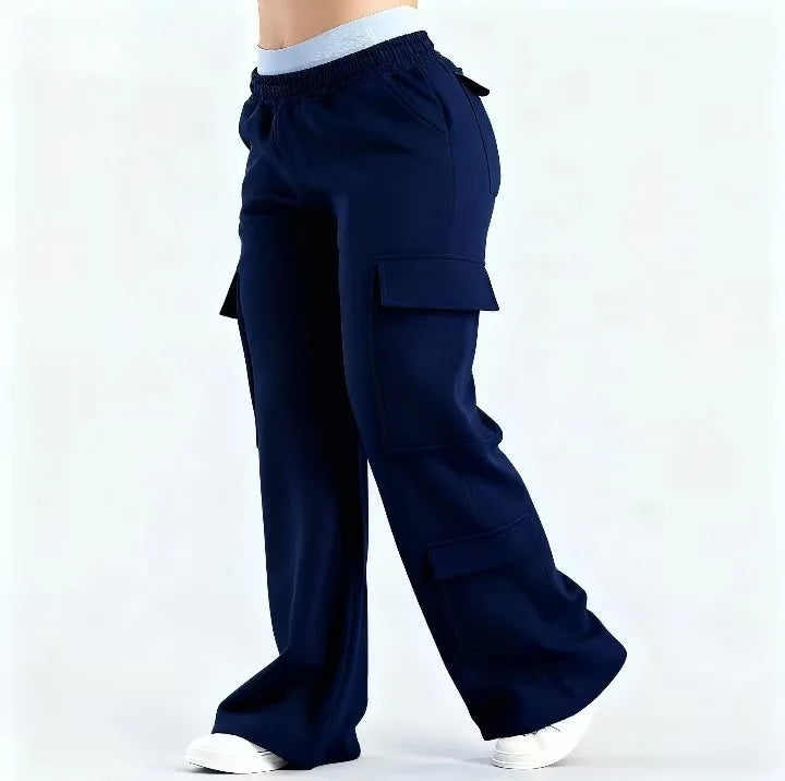 Pantalones Cargo Mujer Pierna Ancha Cintura Elástica Bolsillos Grandes Casual Y2K