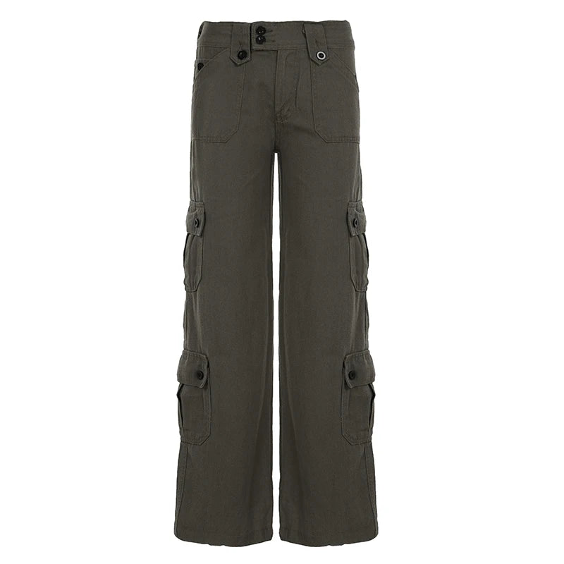 Pantalones Cargo Vaqueros Vintage Tiro Bajo Pierna Ancha Multibolsillo Casual Mujer