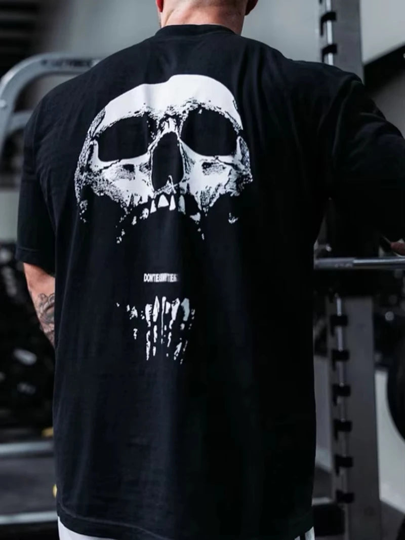Camiseta Holgada de Gimnasio Estampado Calavera Gótica Espalda Culturismo Hombre
