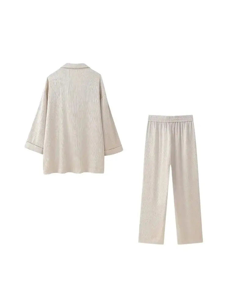 Conjunto de Chaqueta Cruzada Holgada y Pantalón Ancho de Cintura Alta para Mujer