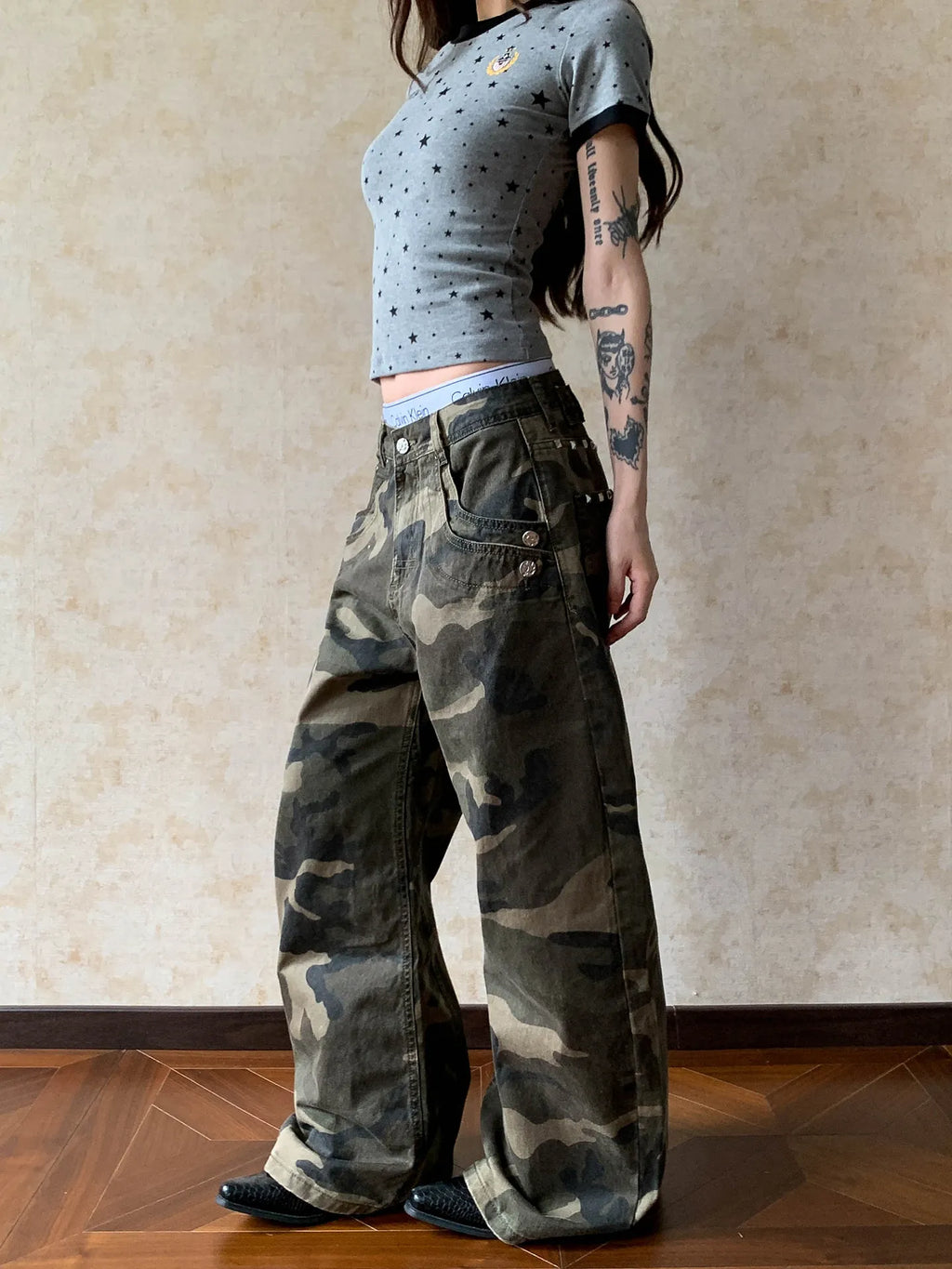 Pantalones Cargo Mujer Camuflaje Americano Hebilla París Pierna Ancha Streetwear Hip Hop Casual