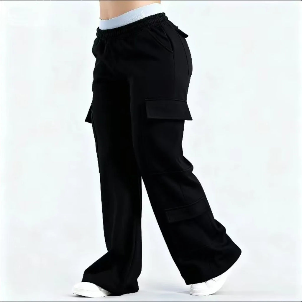 Pantalones Cargo Mujer Pierna Ancha Cintura Elástica Bolsillos Grandes Casual Y2K
