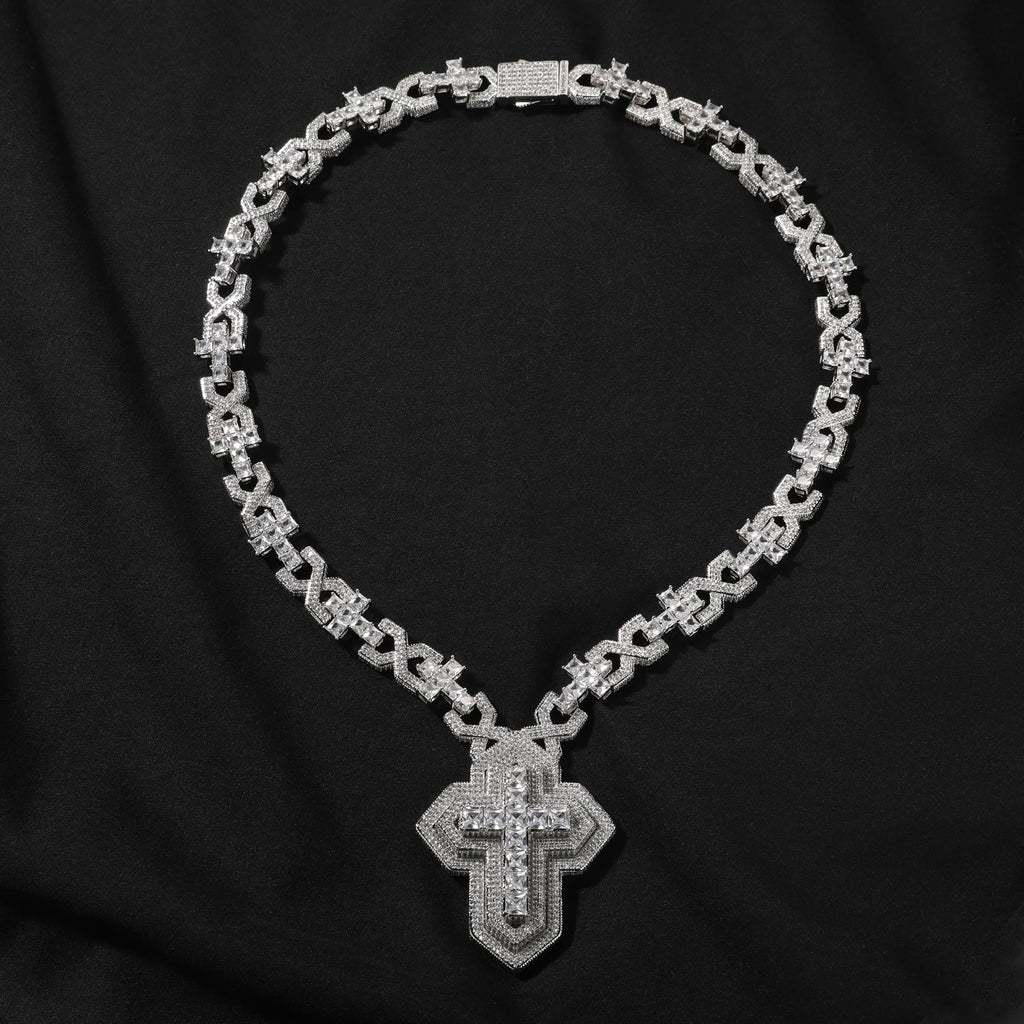 Collar Colgante Cruz de Tres Capas con Circonita Cúbica y Cadena de Eslabones Hip Hop Unisex