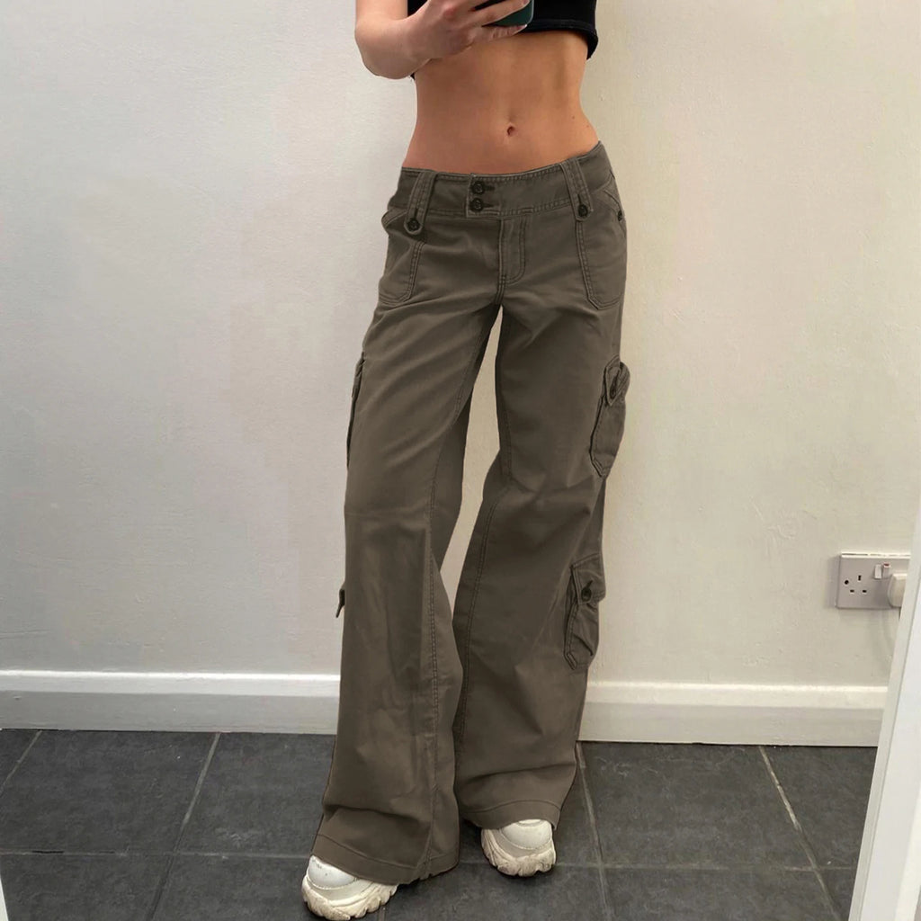 Pantalones Cargo Vaqueros Vintage Tiro Bajo Pierna Ancha Multibolsillo Casual Mujer