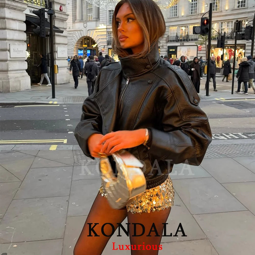 Chaqueta de Cuero Casual Chic Negra Manga Larga Botones Elástica Oversize Mujer