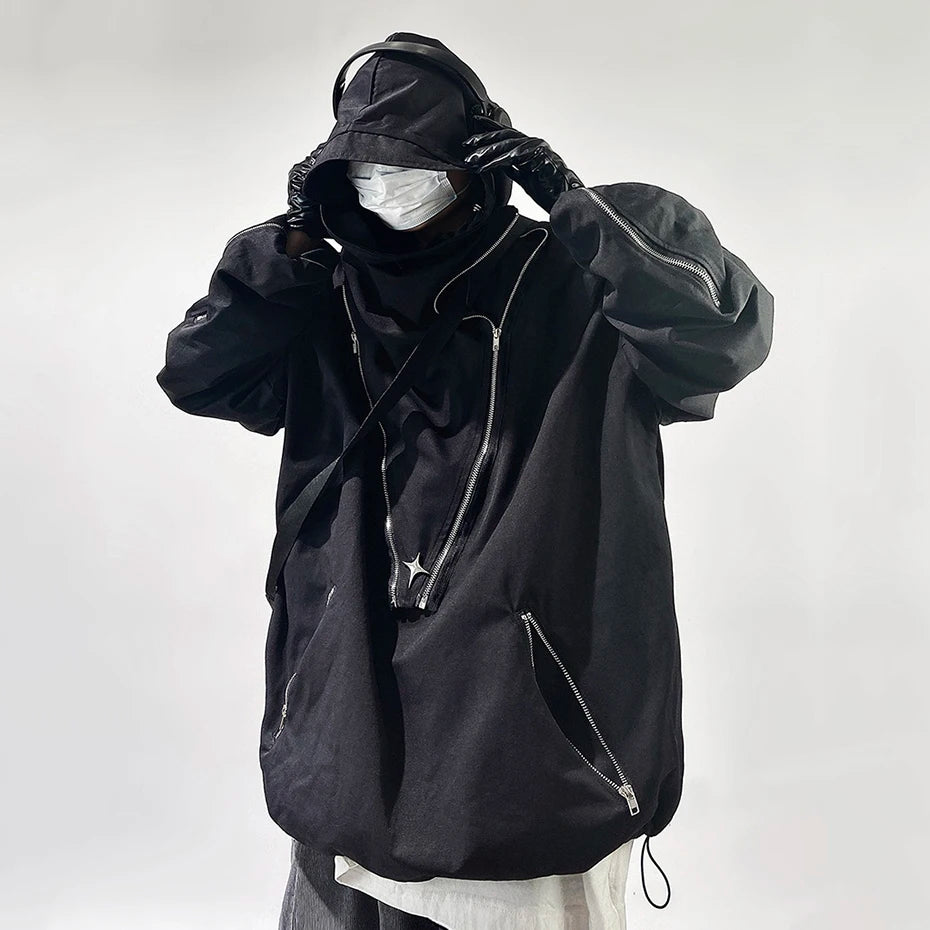 Chaqueta Cargo con Capucha Bolsillos Cremallera Techwear Hip Hop Oversize Hombre