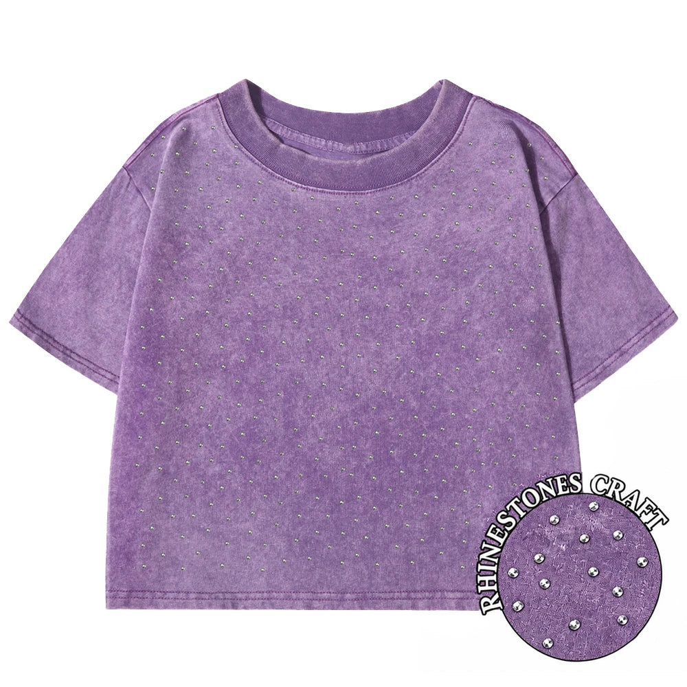 Camiseta Corta Mujer Algodón Lavado Cuello Redondo Manga Corta Y2K Verano