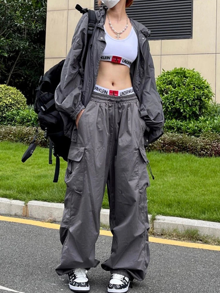 Pantalones Cargo Mujer Y2K Streetwear Bolsillos Oversize Pierna Ancha Harajuku