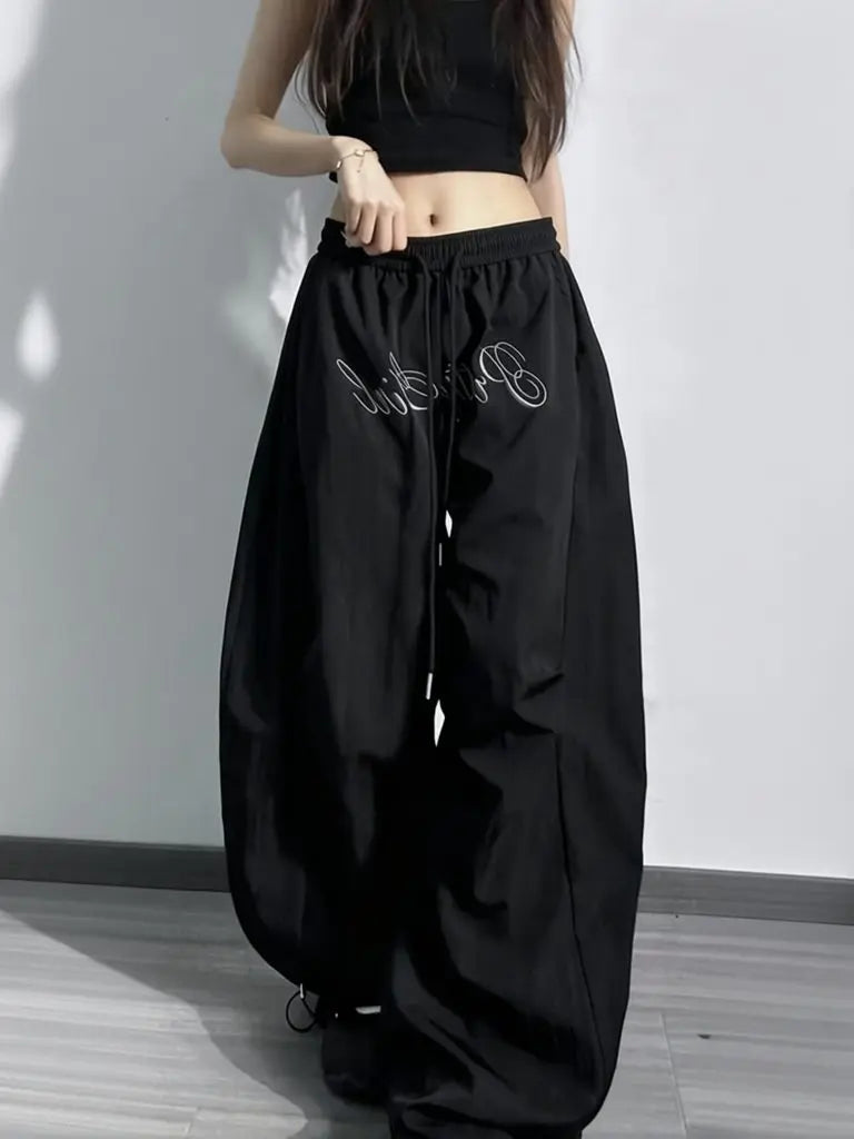 Pantalones Cargo Paracaídas Y2K Estampados Cintura Elástica Plisados Hip Hop Rectos Holgados Hombre