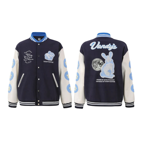 Chaqueta de Béisbol Bordada Vintage con Estampado Flocado de Conejo para Hombre