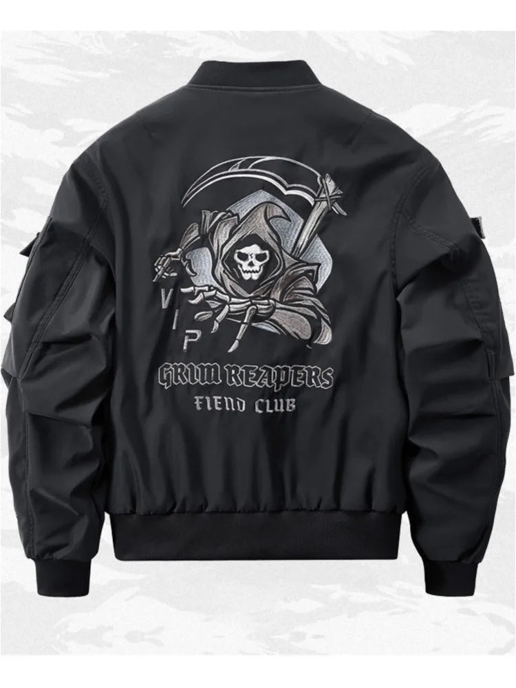 Chaqueta Bomber Gótica Dios de la Muerte Bolsillo Pecho Techwear Punk Hip Hop Táctica Oversize Unisex