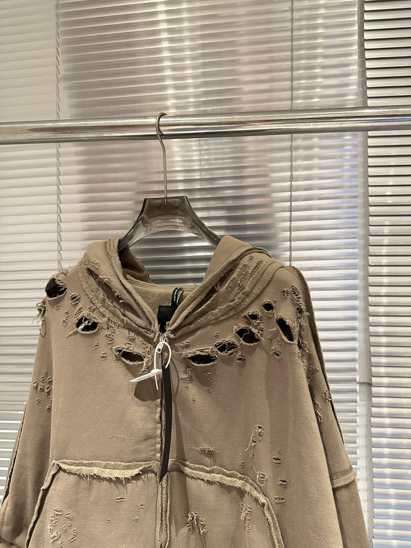 Sudadera con Capucha Holgada Estilo Hip Hop Efecto Desgastado Cremallera Corroída Invierno Unisex