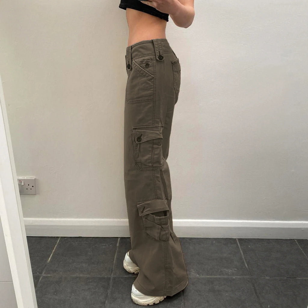 Pantalones Cargo Vaqueros Vintage Tiro Bajo Pierna Ancha Multibolsillo Casual Mujer
