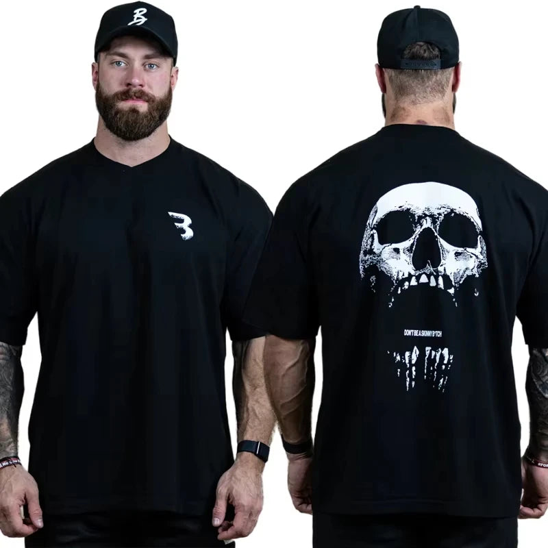 Camiseta Holgada de Gimnasio Estampado Calavera Gótica Espalda Culturismo Hombre