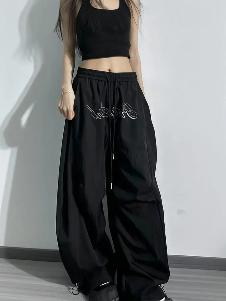Pantalones Cargo Paracaídas Y2K Estampados Cintura Elástica Plisados Hip Hop Rectos Holgados Hombre