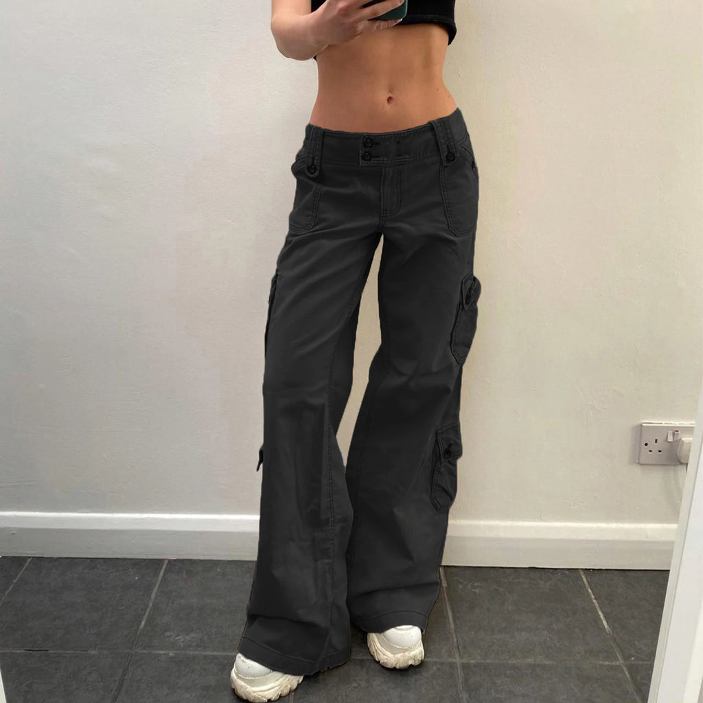 Pantalones Cargo Vaqueros Vintage Tiro Bajo Pierna Ancha Multibolsillo Casual Mujer
