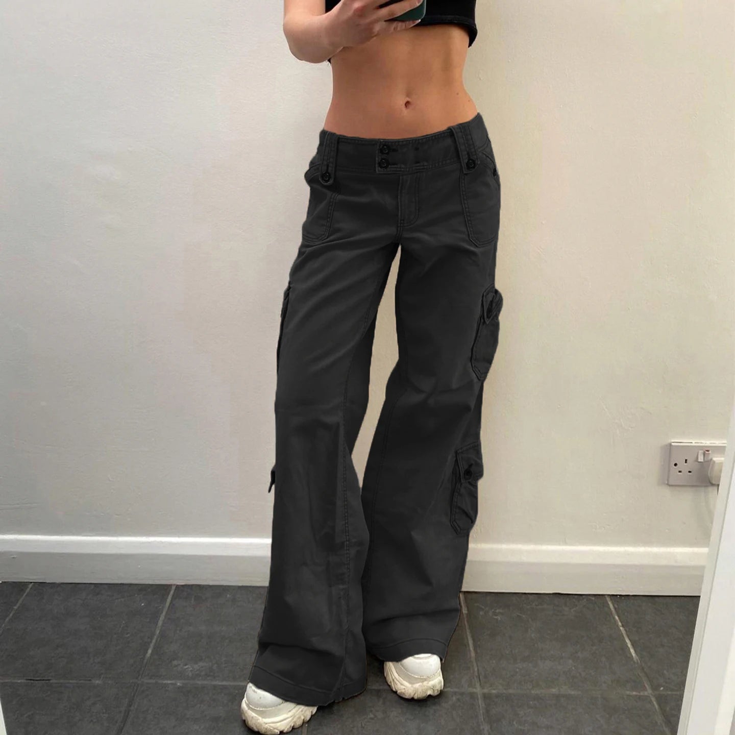 Pantalones Cargo Vaqueros Vintage Tiro Bajo Pierna Ancha Multibolsillo Casual Mujer