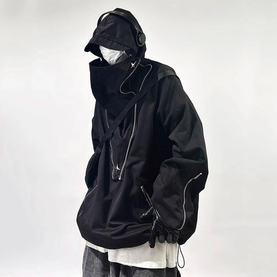 Chaqueta Cargo con Capucha Bolsillos Cremallera Techwear Hip Hop Oversize Hombre