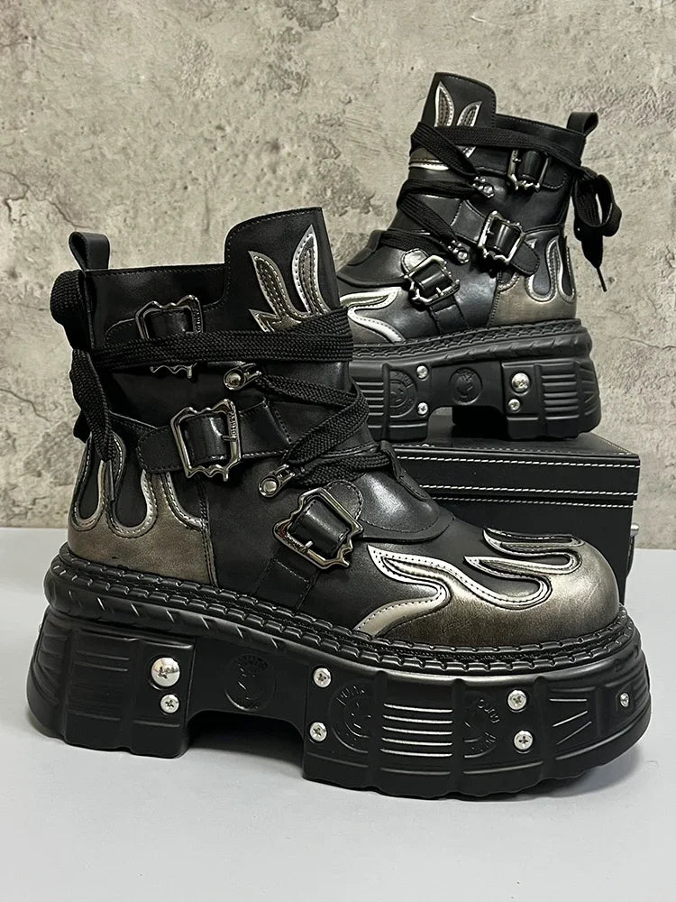 Botas Hombre Cuero Auténtico Plataforma Interior Puntera Redonda Cordones Invierno