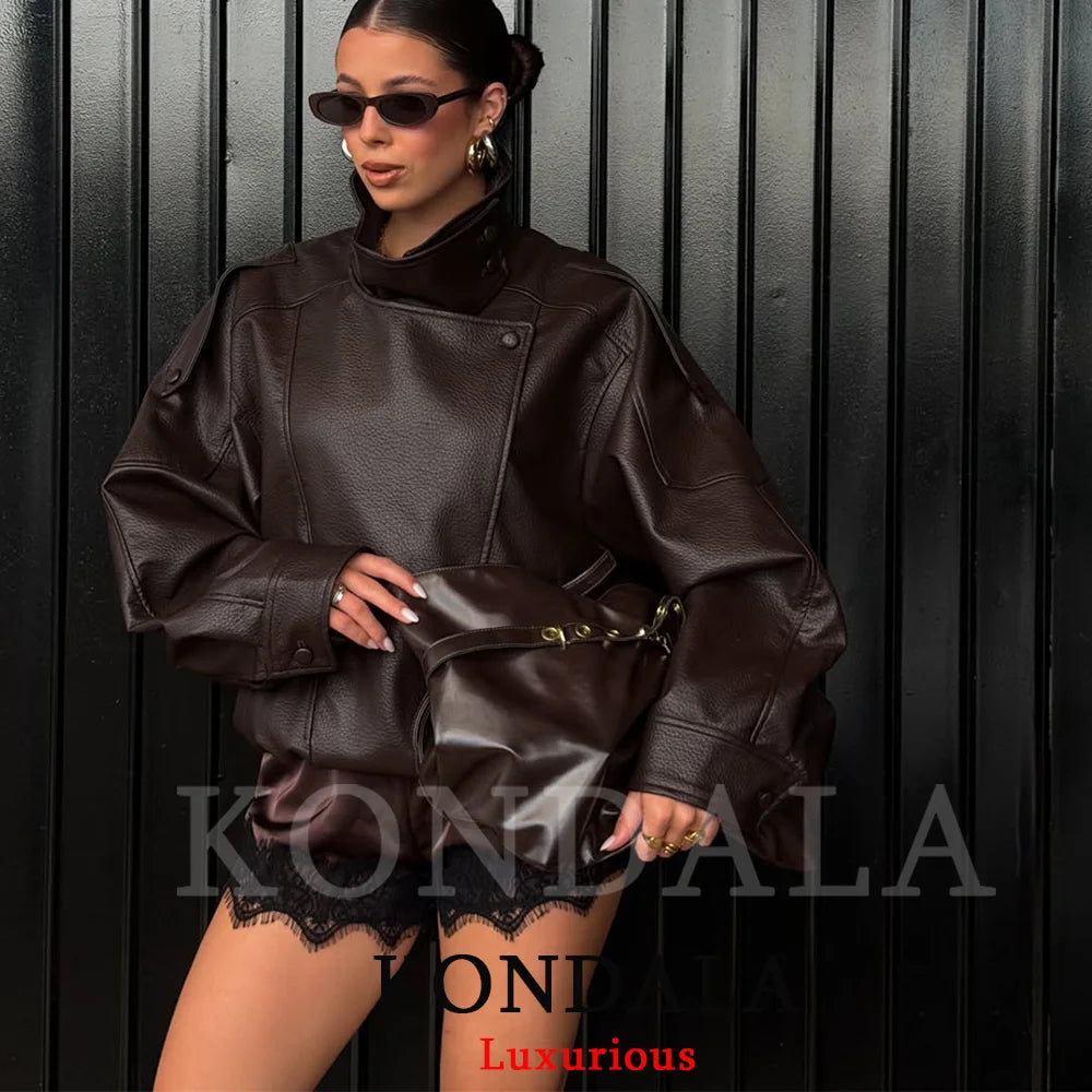 Chaqueta de Cuero Casual Chic Negra Manga Larga Botones Elástica Oversize Mujer