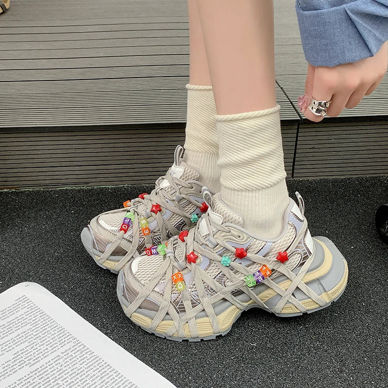 Zapatillas Deportivas Chunky Mujer Malla Transpirable Abalorios Plataforma Cordones Multicolor