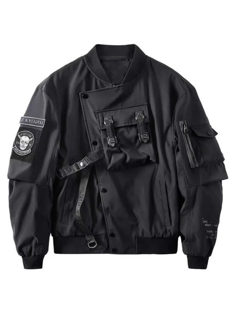 Chaqueta Bomber Gótica Dios de la Muerte Bolsillo Pecho Techwear Punk Hip Hop Táctica Oversize Unisex