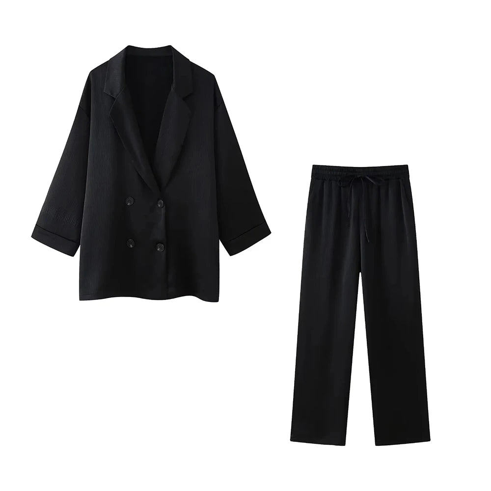 Conjunto de Chaqueta Cruzada Holgada y Pantalón Ancho de Cintura Alta para Mujer