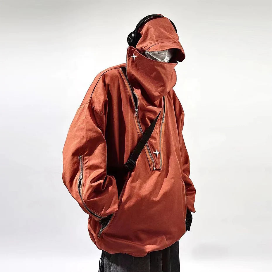 Chaqueta Cargo con Capucha Bolsillos Cremallera Techwear Hip Hop Oversize Hombre