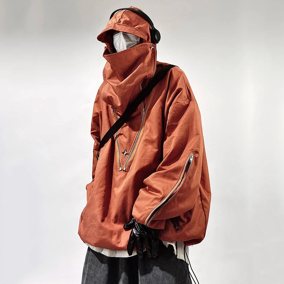 Chaqueta Cargo con Capucha Bolsillos Cremallera Techwear Hip Hop Oversize Hombre