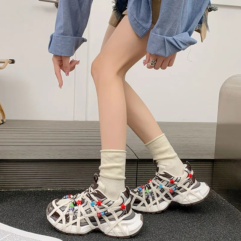 Zapatillas Deportivas Chunky Mujer Malla Transpirable Abalorios Plataforma Cordones Multicolor