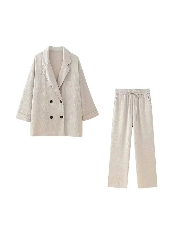 Conjunto de Chaqueta Cruzada Holgada y Pantalón Ancho de Cintura Alta para Mujer