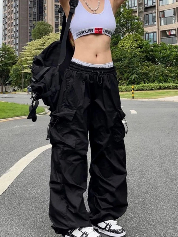 Pantalones Cargo Mujer Y2K Streetwear Bolsillos Oversize Pierna Ancha Harajuku