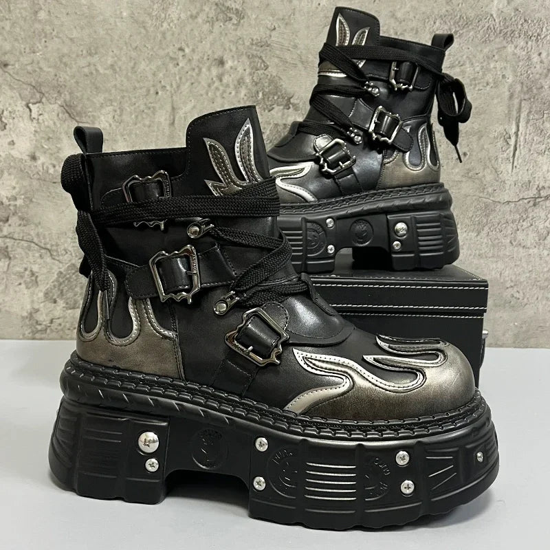 Botas Hombre Cuero Auténtico Plataforma Interior Puntera Redonda Cordones Invierno