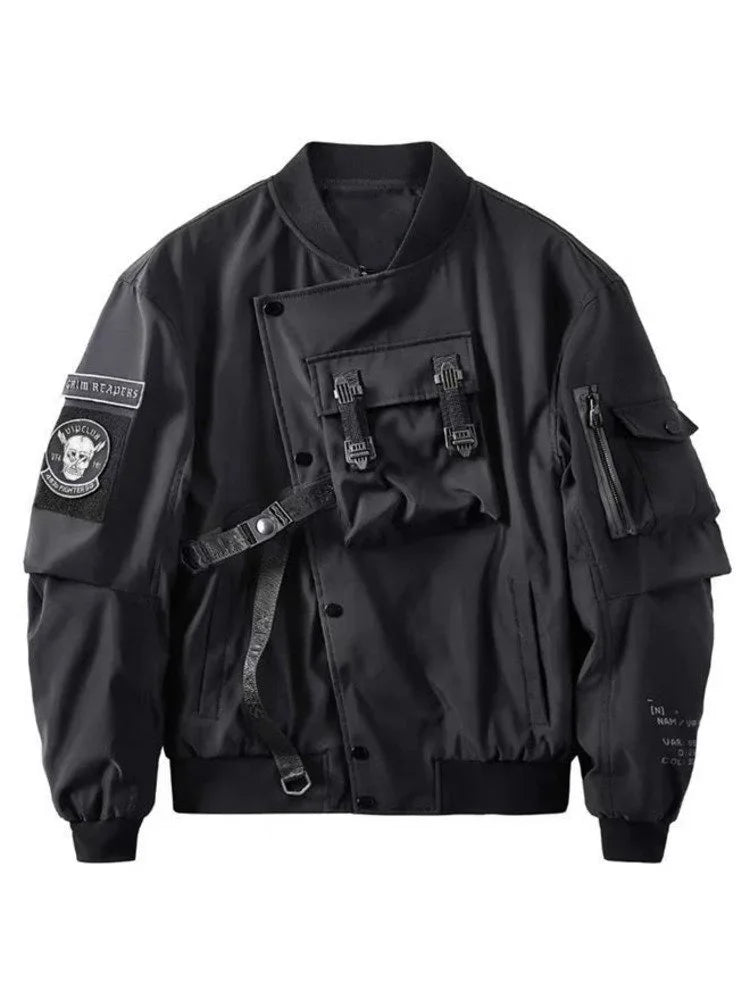 Chaqueta Bomber Gótica Dios de la Muerte Bolsillo Pecho Techwear Punk Hip Hop Táctica Oversize Hombre