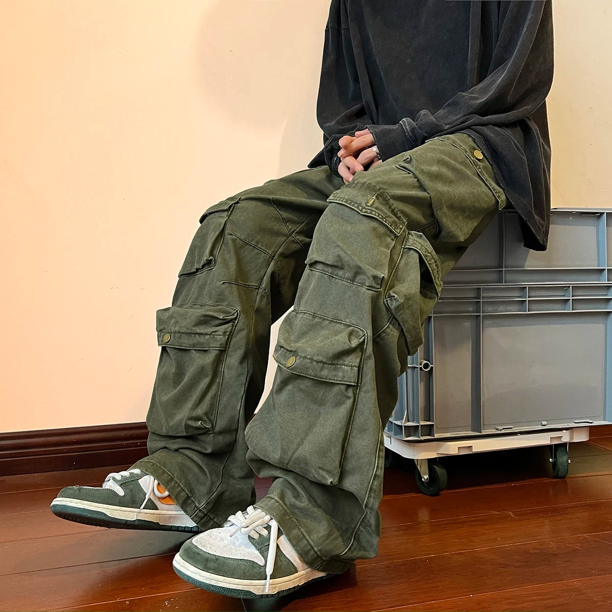 Pantalones Cargo Anchos Vintage de Algodón con Bolsillos Múltiples para Hombre
