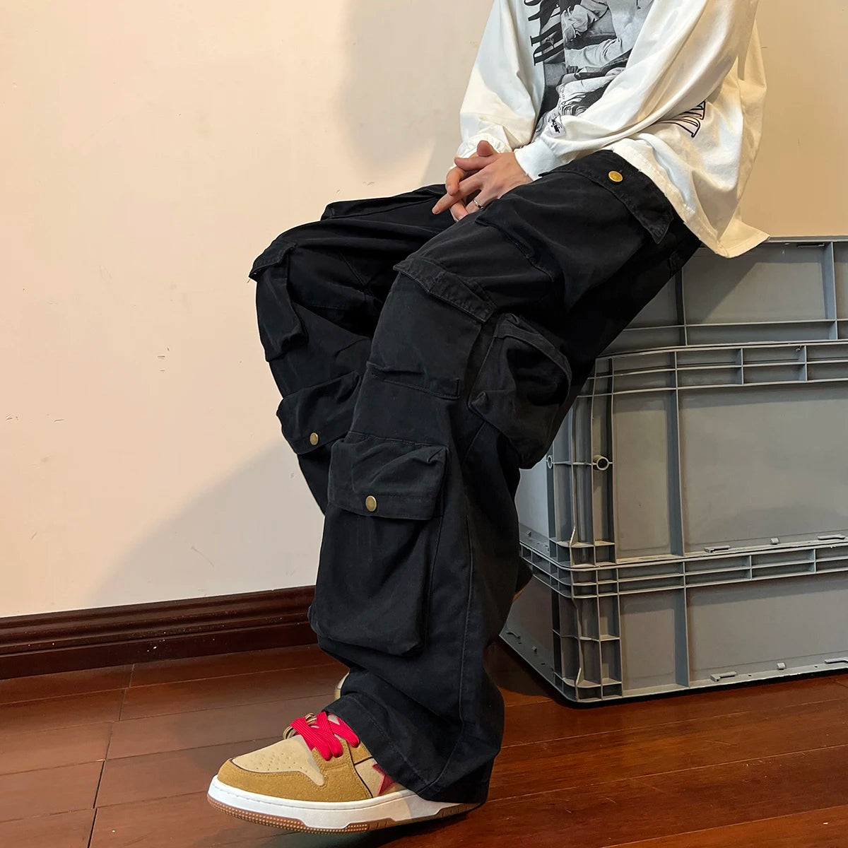 Pantalones Cargo Anchos Vintage de Algodón con Bolsillos Múltiples para Hombre