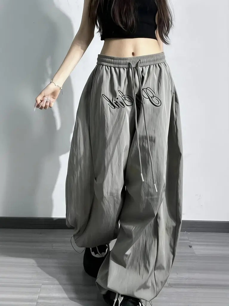 Pantalones Cargo Paracaídas Y2K Estampados Cintura Elástica Plisados Hip Hop Rectos Holgados Hombre